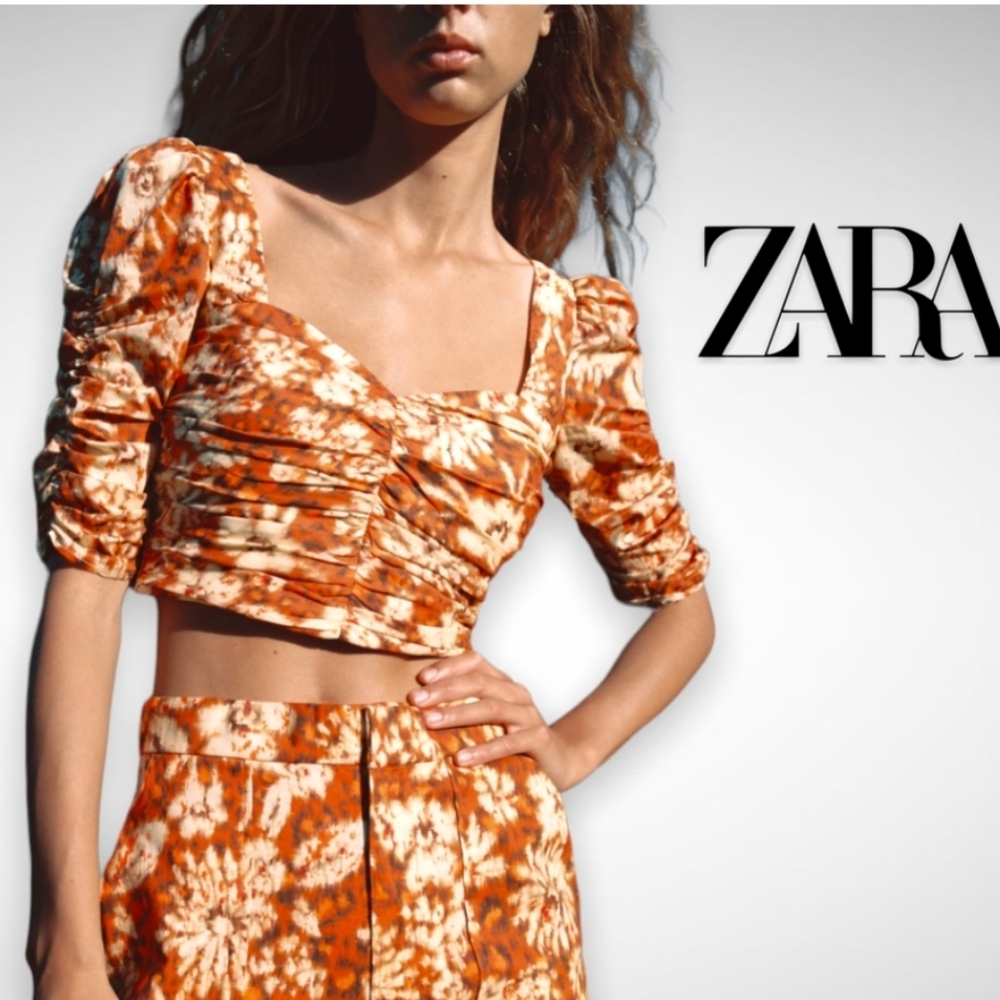 Zara Crop/ Bustier Style Women's Autumnal Abstract Floral Print Top Sz.Small